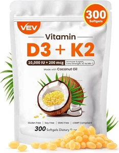 VEV Vitamin D3 Con K2 10000 IU, 300 Virgin Coconut Oil Softgels, 2 in 1...  - Picture 1 of 7