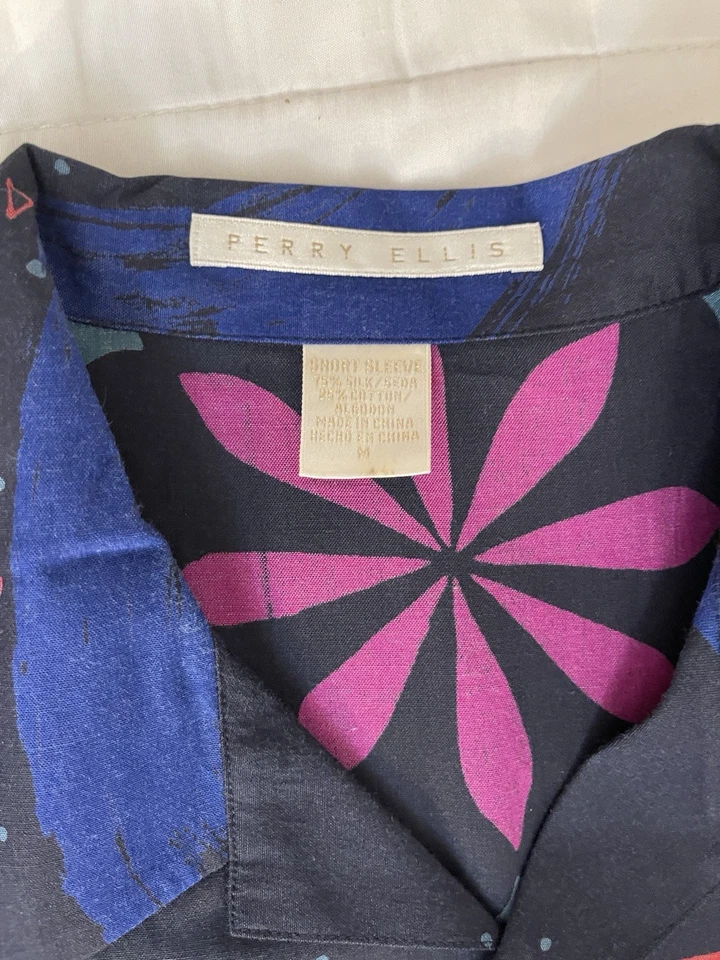 Perry Ellis Abstract Floral Silk Blend Shirt Sz M Retro 2000s Art Print - Image 1 of 3