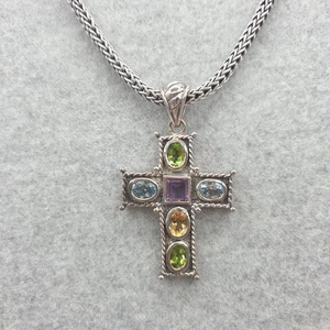 SX 925 Sterling Silver Cross Pendant 54g Crystal Necklace 7.5” Statement - Picture 1 of 14