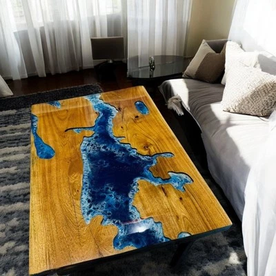 Blue Epoxy River Dining Table Live Edge Countertop Handmade Furniture Home Decor - Image 1 of 4