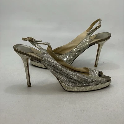 Jimmy Choo Nova Oro Brillo Tacones Cordones Peep Toe Talla 42/12 EE. UU. Foto 1 de 4