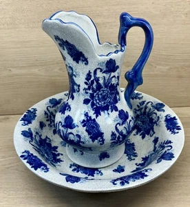 Vintage Blau Rose & Weiß Cracker Barrell Porzellan Krug mit Schale Made in China - Bild 1 von 11