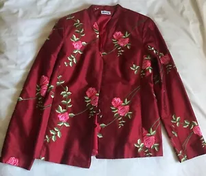 100% SILK JACKET ALMIA RED EMBROIDERED FLOWERS FLORAL LADIES WOMEN UK SIZE 12 - Picture 1 of 10