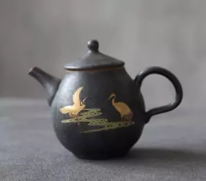 230ml Round Handmade Black Chinese Teapot Ceramic Pottery Golden Crane Design - Foto 1 di 7