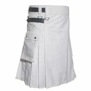 Scottish Men Utility Kilt White Utility Kilt Leather Straps Fashion Active Sport - Picture 1 of 3