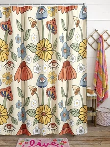Estmy 70S Retro Boho Floral Psychedelic Shower Curtain in Yellow Orange Funky - Picture 1 of 7