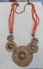 VINTAGE UNIQUE HAND CRAFTED NECKLACE RED BEADS W, BRASS DISK