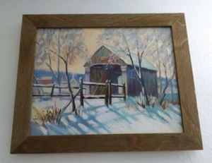 Original oil painting Snow Covered Bridge Winter Farm Country Signed Bonita Ort - Picture 1 of 6