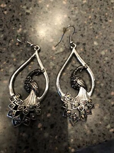 Faux Silver Pierced Peacock Drop Earrings With Rhinestone Detail - 2 1/2” Long - Picture 1 of 7