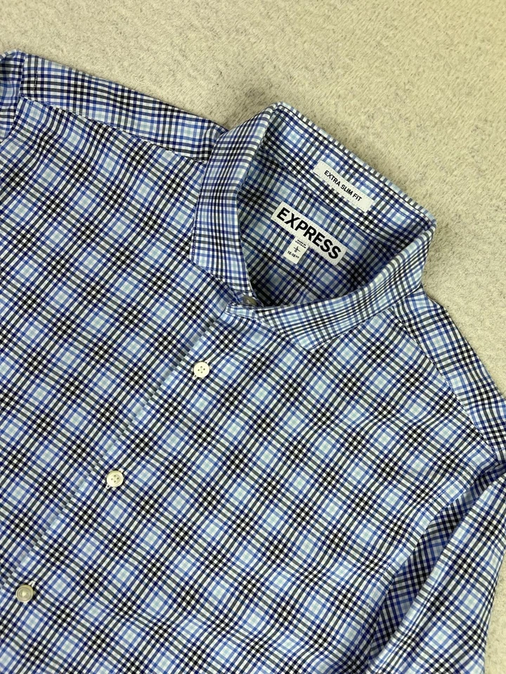 Camisa Express Para Hombre Grande Azul A Cuadros Calce Extra Ajustado Informal Vestido Con Botones Foto 1 de 4
