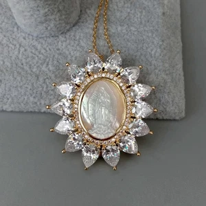 White Shell Virgin Mary Clear CZ Micro Pave Oval Shape Pendant Necklace 17.5" - Picture 1 of 6