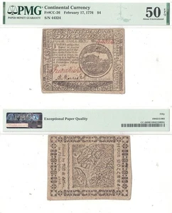 17 February, 1776 Four Dollars Continental Currency Fr CC-26 PMG AU-50 EPQ - Picture 1 of 3