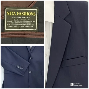 Nita Fashions Bespoke Navy Wool Blazer 44R Pinstripe Tailored Surgeon Cuffs - Picture 1 of 12