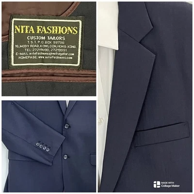 Nita Fashions Bespoke Navy Wool Blazer 44R Pinstripe Tailored Surgeon Cuffs - Image 1 of 4