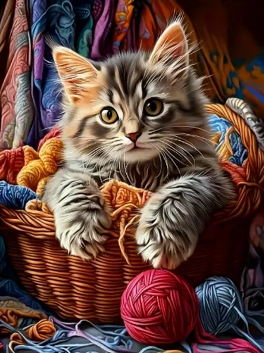 NORIMPEX Malen nach Zahlen: Katze im Wollkorb, 40 x 50 cm, auf einem Kreativrahmen