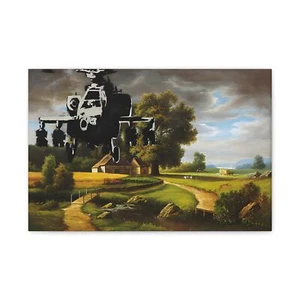 Canvas Wall Decor, Banksy Apache Helicopter Over Farm Artwork, Stretched Matte - Picture 1 of 17