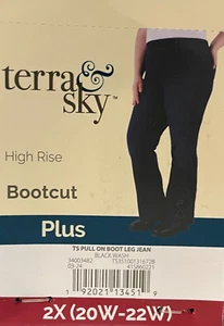 Terra & Sky Pull On Stretch Jeans 2X Black Boot - High Rise Pants Acid Wash NWT - Picture 1 of 11