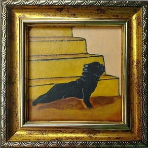 Bulldog Francés Perro Pintura Oro Original Enmarcado Divertido Perro Negro Mini Arte - Imagen 1 de 10