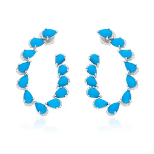 8.28 TCW Arizona Turquoise Real SI/H Diamond Hoop Earrings 18k White Solid Gold - Picture 1 of 11