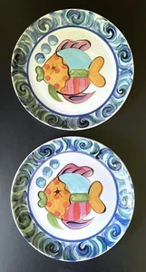 Vicki Carroll Dinner Plates - Hand Painted Fish Signed Splash Splash - Set of 2 - Picture 1 of 2