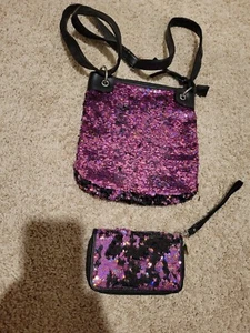 Claire's Girl's Purse Wallet Cross Body Sequins Pink Black - Picture 1 of 4