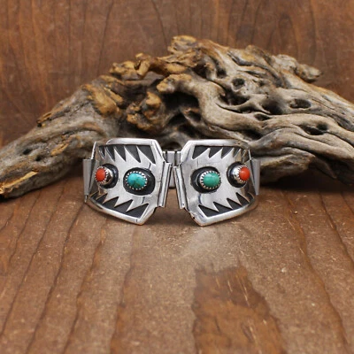 Correa de reloj vintage de plata esterlina con diseño suroeste con coral y turquesa Foto 1 de 4