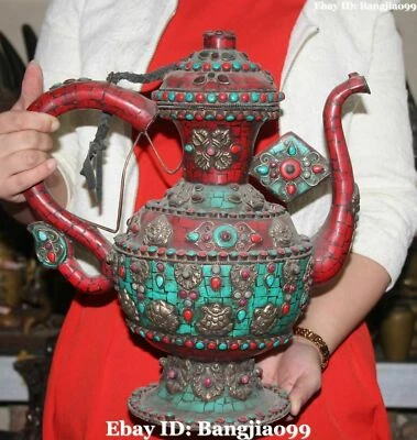 14" Plata Antigua Turquesa Coral 8 Símbolo Auspicioso Dragón Vino Tetera Bandera Foto 1 de 4