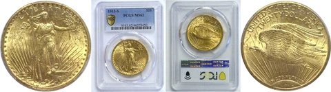1913-S $20 Gold Coin PCGS MS-62 Cover