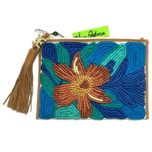 Sam Edelman Annette Clutch Bag Beaded Canvas Flower Blue Green Tropical - Picture 1 of 12