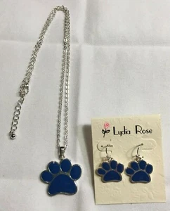 Lydia Rose Blue Silver Paws Necklace Earrings Jewelry 2 Piece Set Sport Animal - Picture 1 of 2