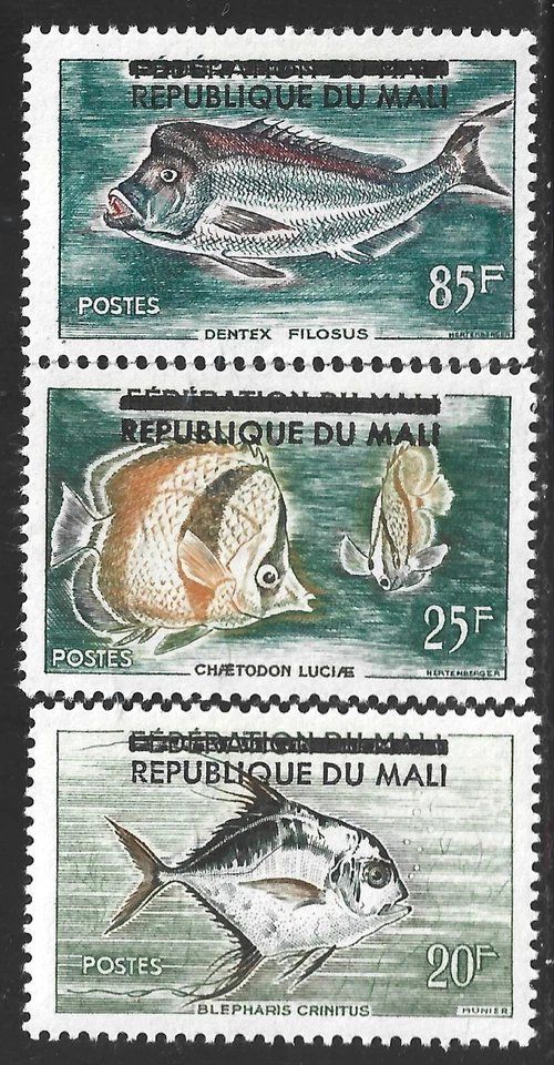 Malí, Scott #10-12, problemas de peces sobreimpresos, MLH Foto 1 de 1