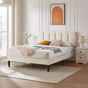 Vecelo Upholstered Platform Bed Frame Twin/Full/Queen with Headboard Wooden Slat - Picture 1 of 114