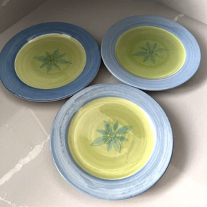 Pottery Barn Set Of 3 Allegra Stoneware Dinner Plates Green With Blue Rim - Picture 1 of 5