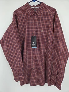NWT Ariat Pro Series Button Down Mens XL Burgandy Plaid Long Sleeve Shirt Logo - Picture 1 of 5