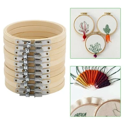 10PCS Wooden Embroidery Hoops Set Bamboo Circle Cross Hoop Stitch Tools 4In/3In - Image 1 of 4