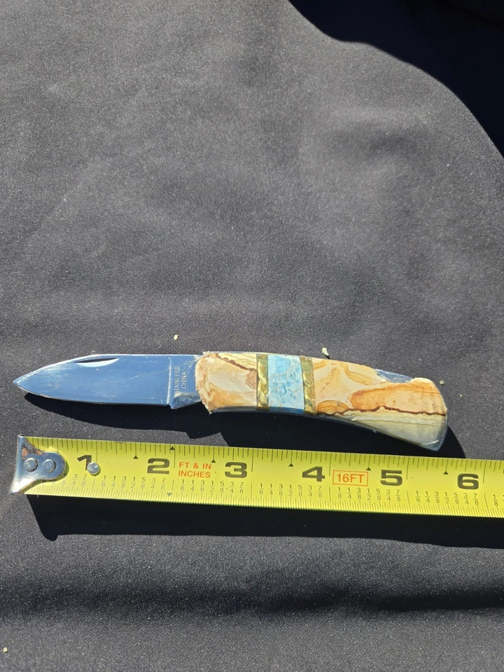 5 1/2" Pocket Knife.  Jasper Handel, Green. Agate Inlay. - Image 1 of 2
