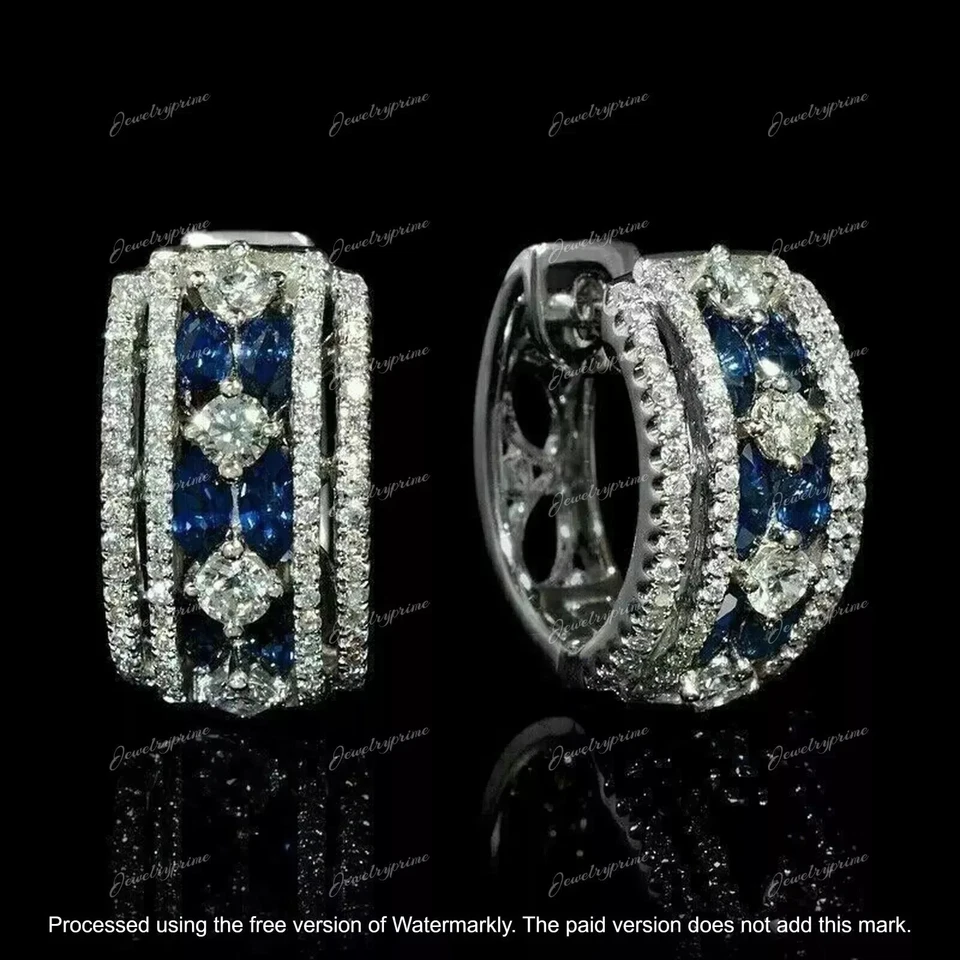 3CT Round Cut Lab Created Blue Sapphire Women's Hoop Earring 14K White Gold Over - Image 1 of 3