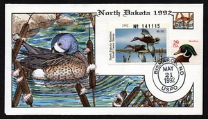 USA, SCOTT #ND11, HANDPAINTED MILFORD FDC COVER 1992 NORTH DAKOTA DUCK WATERFOWL - Picture 1 of 1