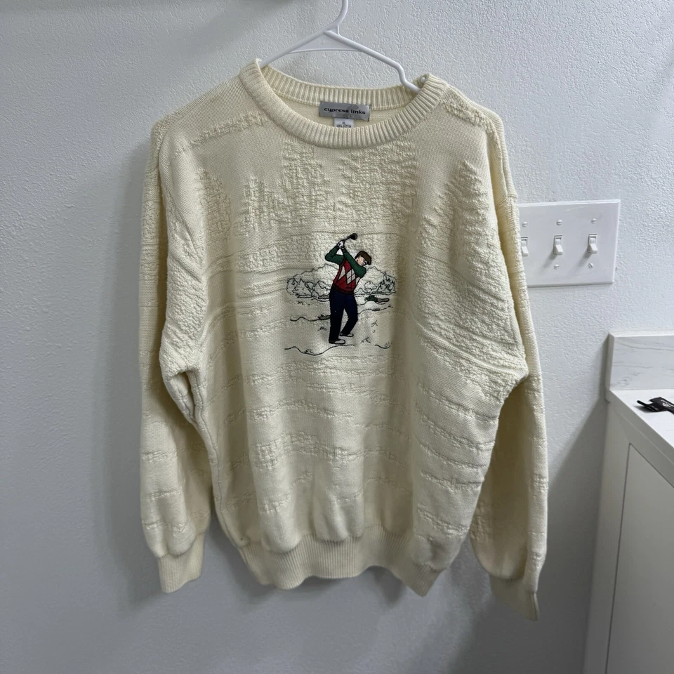 Suéter de Golf de Colección Eslabones de Ciprés Para Hombres XL Tapiz Tejido Hecho en EE. UU. Abuelo Años 90 AOP Foto 1 de 4