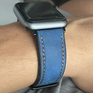 APPLE 38 40mm iWatch Waterproof BLUE Leather BROWN Stitch Black Buckle 123456 - Picture 1 of 11