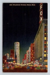 Detroit Michigan Woodward Avenue at Night - Fox Cinema Postcard - Picture 1 of 2