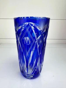 Vtg Cut to Clear Cobalt Blue Bohemian Crystal Glass Vase Thumbprint Wheat Star - Picture 1 of 7