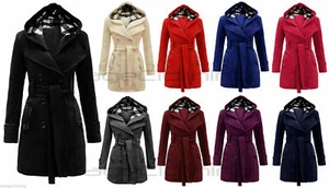 Women's Check Hooded Belted Winter Duffle Coat Long Buttoned Fleece Jacket - Picture 1 of 25