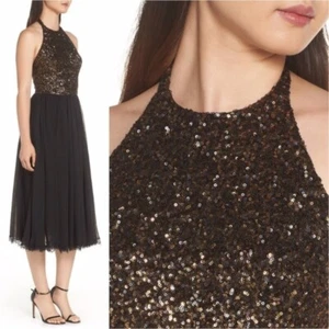Neu mit Etikett Kleid The Population 242 $ Tatiana Paillettenkleid Neckholder hinten offen schwarz M - Bild 1 von 4