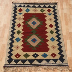 home decorative Kurdish handmade blue rectangle geometric kelim area rug 3X5ft - Picture 1 of 4