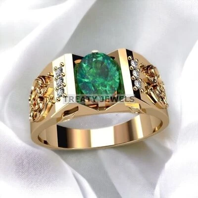 Esmeralda corte ovalado con anillo enchapado en oro de plata de ley 925 para hombre #583 Foto 1 de 4
