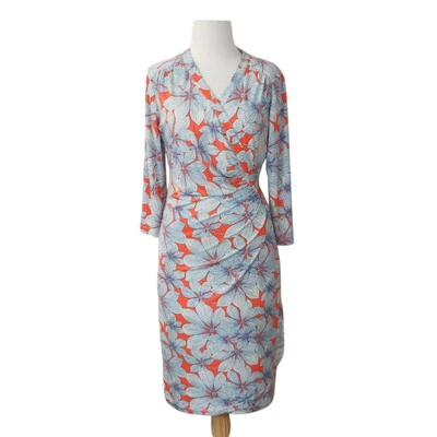 Perri Cutten Womens Size M Orange Blue Print Wrap Dress Long Sleeves V Neck - image 1 of 4