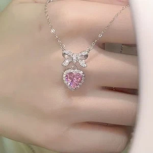 Fashionable Pink Heart Bow Necklace with Sparkling Zircon Summer Accessory - Picture 1 of 5