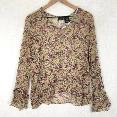 Blusa transparente NICOLE Miller 100 % seda talla 14 floral lentejuelas manga campana cuello en V Foto 1 de 4