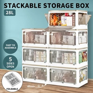 Stackable Storage Containers Lid Clothes Organiser Box 5 Side Open Foldable 28L - Picture 1 of 12